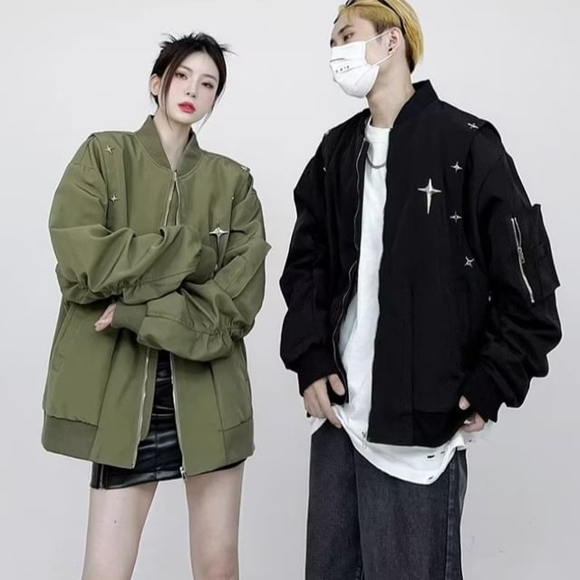 Bay Go Mall-Couple Matching Plain Zip Bomber Jacket