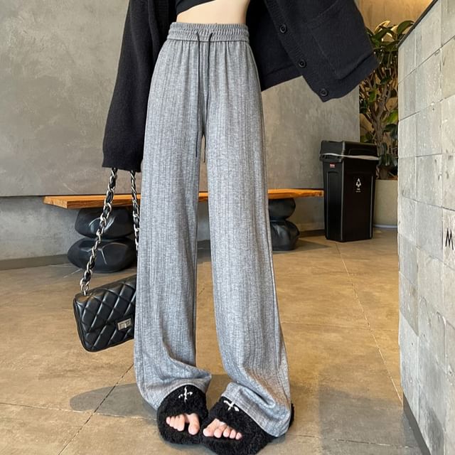 Magimomo-Drawstring Waist Plain Wide Leg Pants