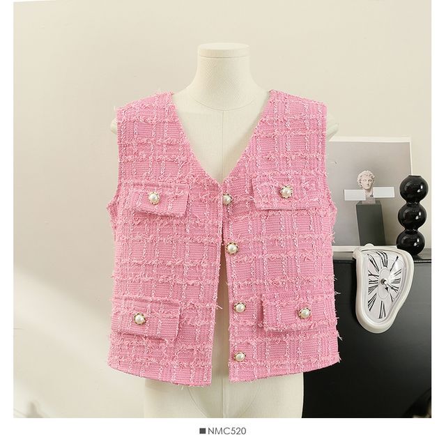 Lemongrass - Loose-Fit V-Neck Tweed Vest | YesStyle