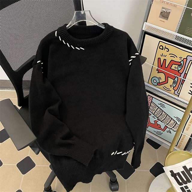 Plummie-Crewneck Contrast Stitching Sweater