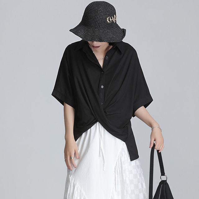 SIMPLE BLACK-Short-Sleeve Plain Wrap Button-Up Shirt