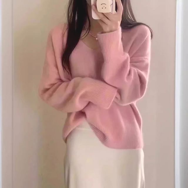 MIKIGA-Long-Sleeve V-Neck Plain Sweater