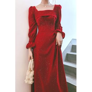 Tobaeyon Long-Sleeve Square Neck Glitter Velvet Maxi A-Line Dress