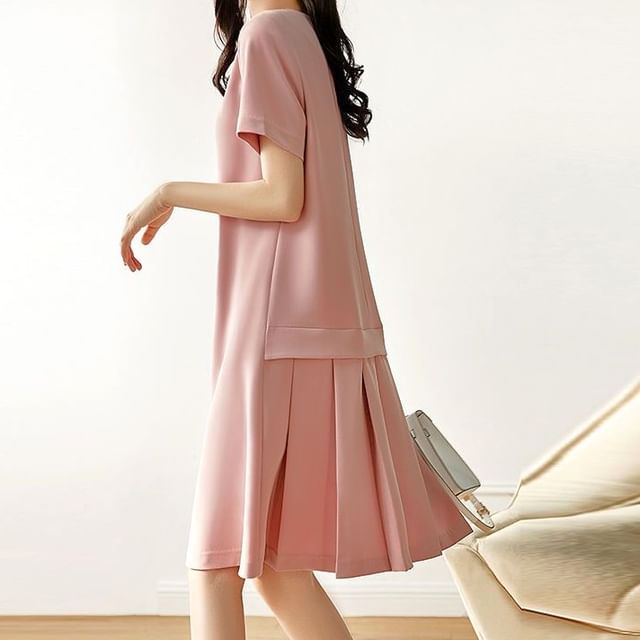 Inchioh - Short-Sleeve Round Neck Plain Beaded Pleated Shift Dress | YesStyle Inchioh - Short-Sleeve Round Neck Plain Beaded Pleated Shift Dress | YesStyle