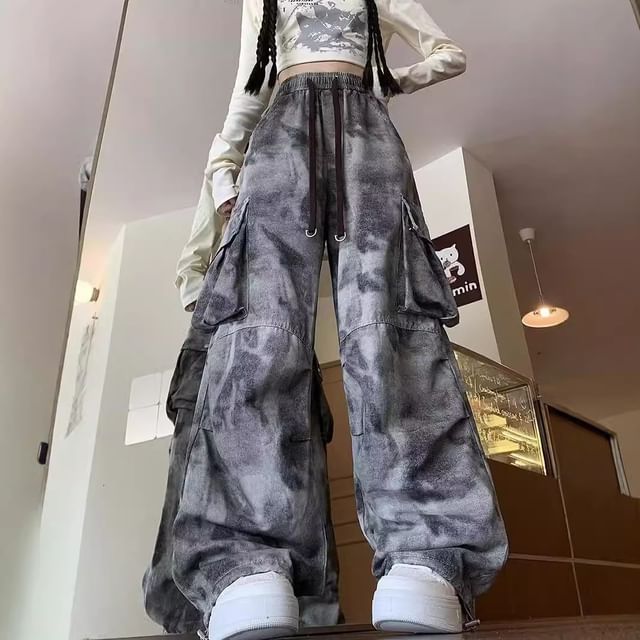 Kenning-Drawstring Waist Tie Dye Baggy Cargo Pants