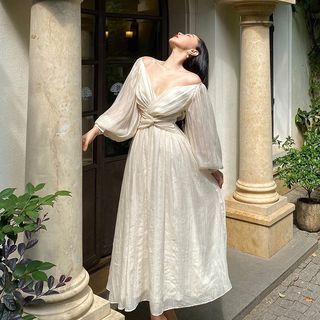Yellow V Neck Chiffon Maxi Dress main image 0