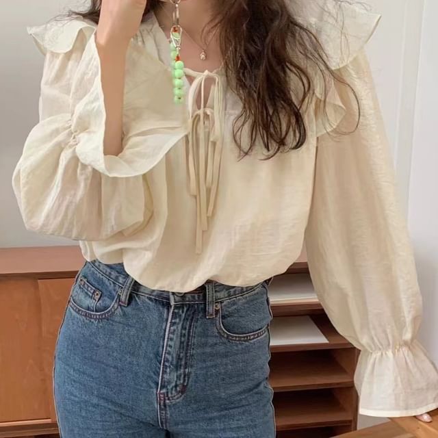 Bigfol-Puff-Sleeve Plain Tie-Front Ruffled Blouse