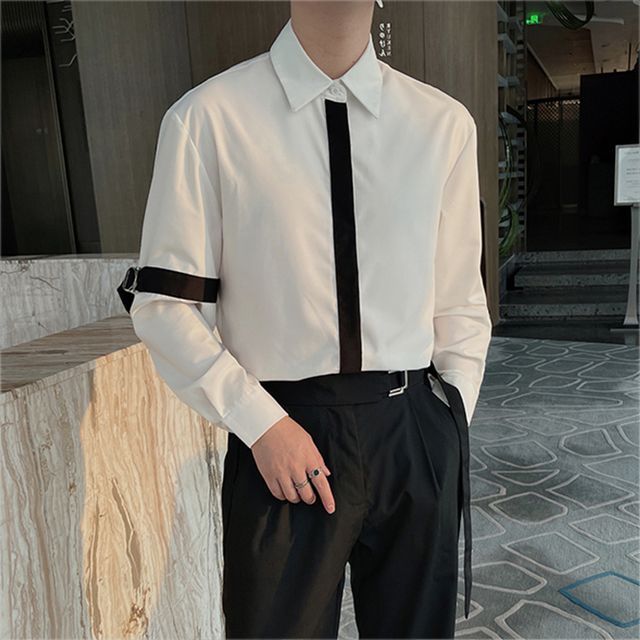 Naideth-Long-Sleeve Contrast Trim Button-Up Shirt