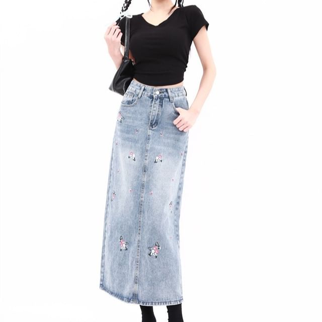 Doromynn High Waist Floral Embroidered Washed Midi A-Line Denim