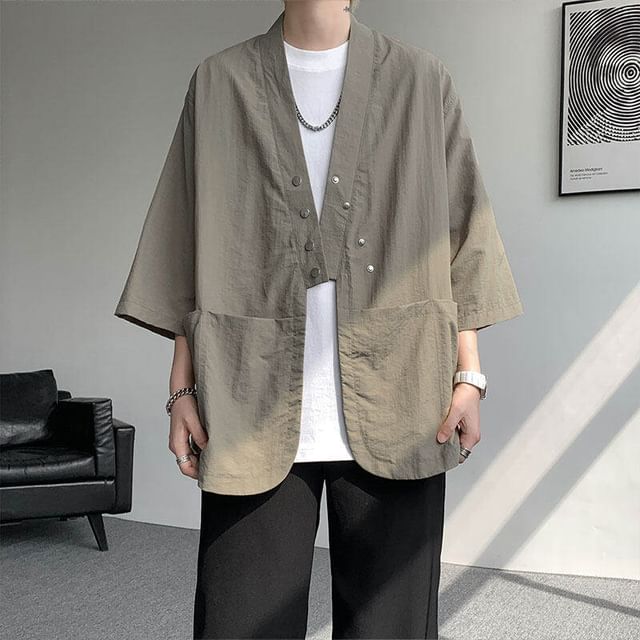 Freehop-34-Sleeve Asymmetrical Plain Shirt Jacket