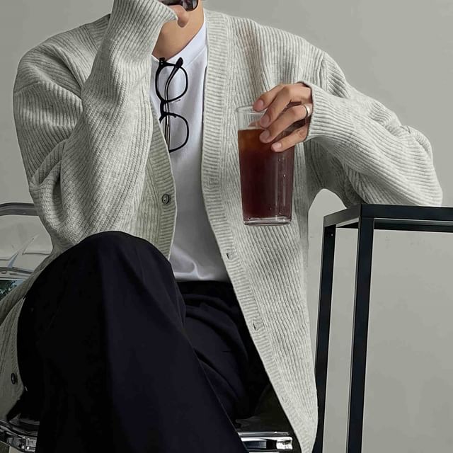 Zentrus-V-Neck Plain Ribbed Cardigan
