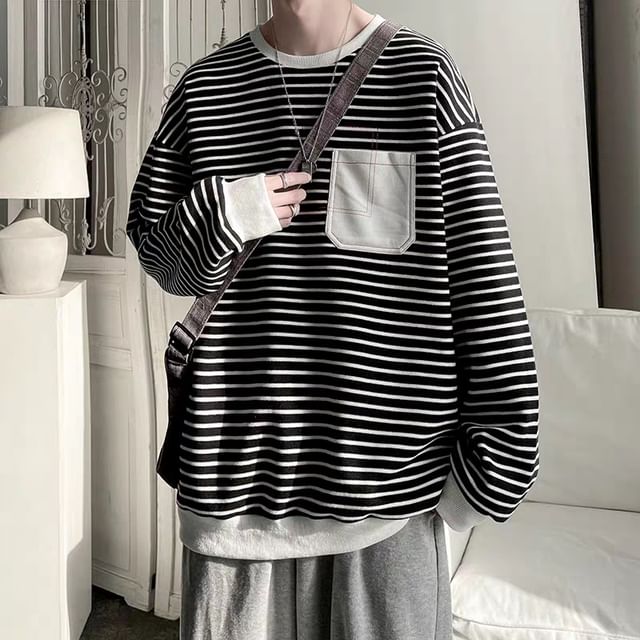 Double White-Crew Neck Striped Sweatshirt