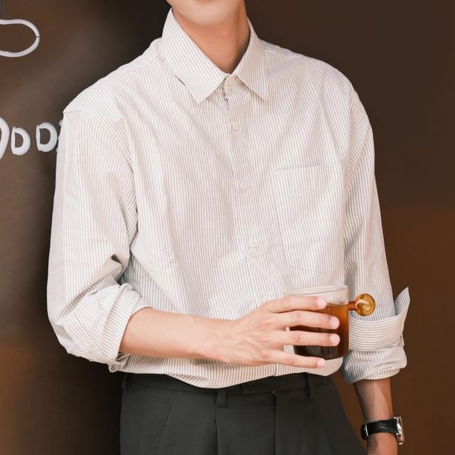 DragonRoad-Long-Sleeve Striped Pocketed Shirt