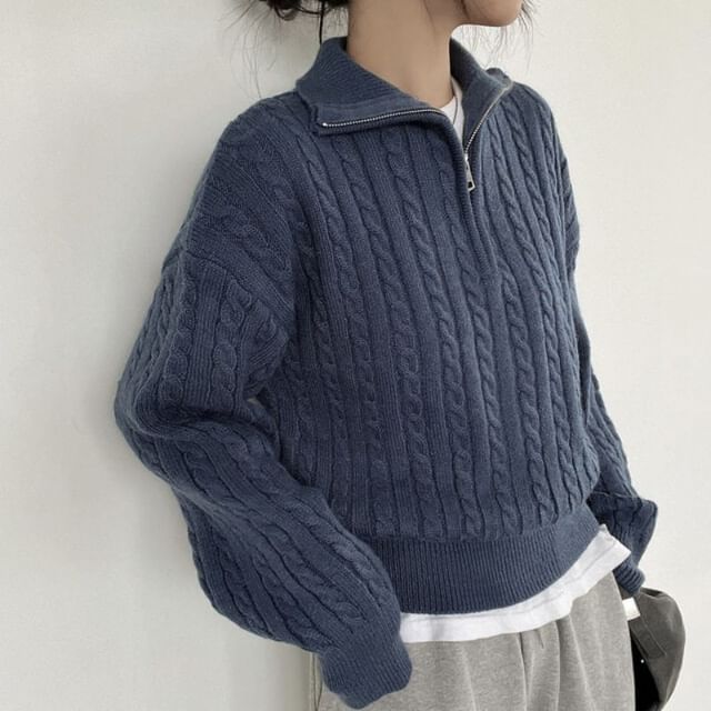 Long-Sleeve Plain Half-Zip Cable Knit Sweater