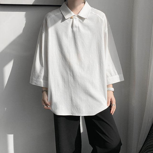 Freehop-34-Sleeve Henley Plain Blouse