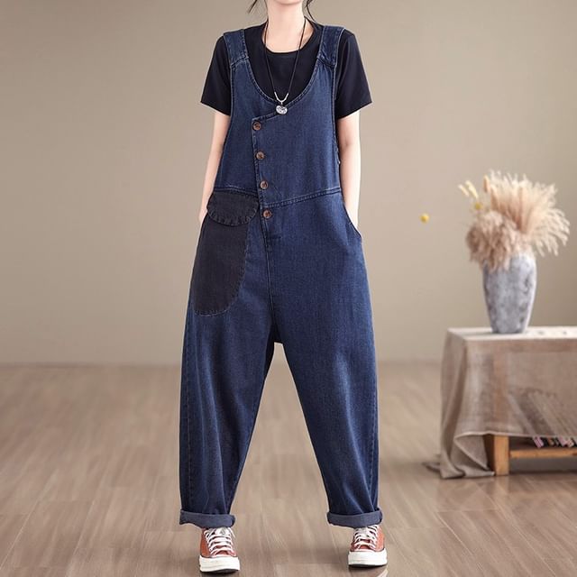 Lewwe-Washed Paneled Denim Dungaree