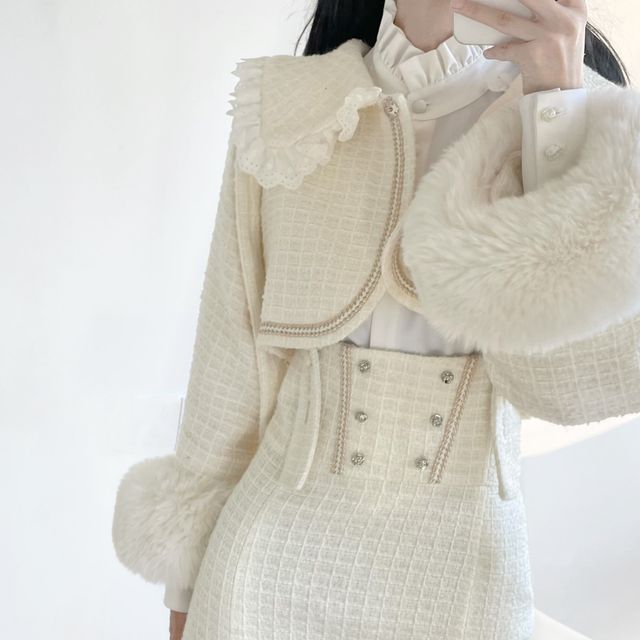 Florimi-Collared Tie Neck Crop Jacket Fluffy Trim Coat Stand Collared Ruffle Trim Blouse Suspender Midi Skirt High Waist Mini Skirt