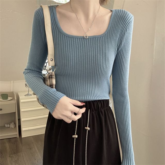 ANORA-Long-Sleeve Square-Neck Plain Ribbed Knit Top