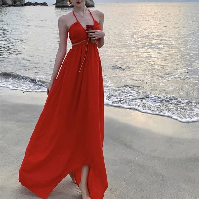 Juuri-Spaghetti Strap V-Neck Plain Maxi A-Line Dress