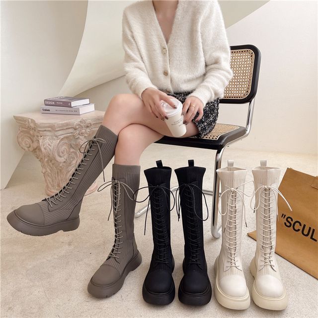 women winter lace up knitted high boots