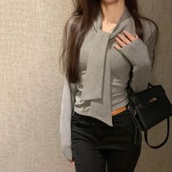 Brigitte - Long-Sleeve Plain Button-Up Shirt / Plain Crew Neck Sweater Vest
