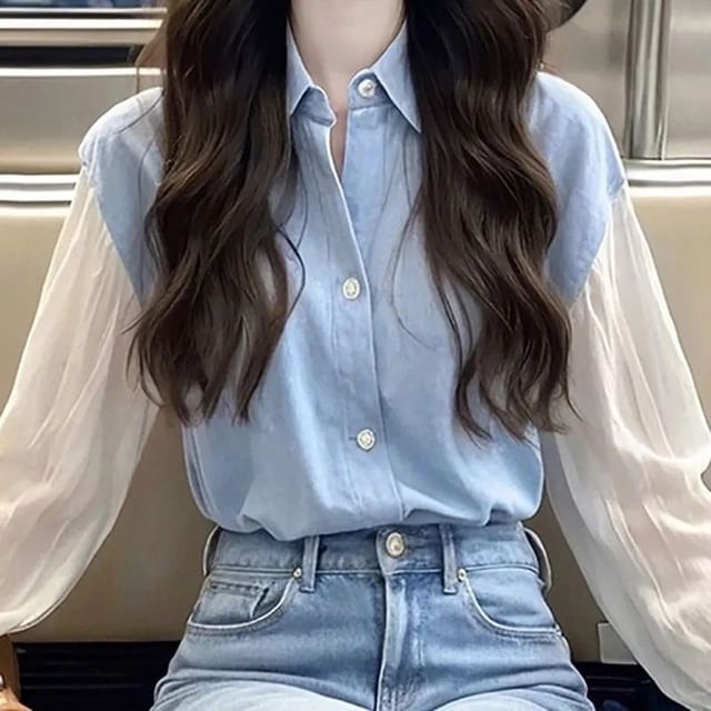 Cloud Nine-Long-Sleeve Two Tone Shirt