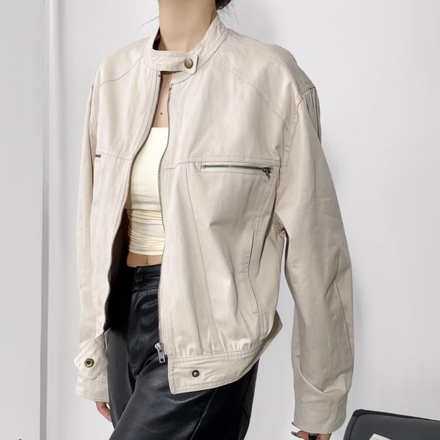 Amyway-Stand Collar Plain Faux Leather Zip Jacket
