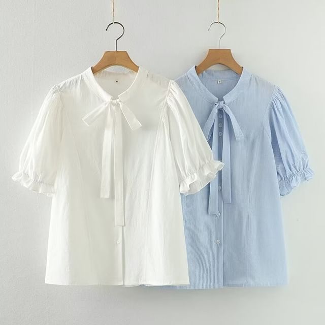 PANDAGO-Short-Sleeve Tie-Neck Ruffle Trim Blouse