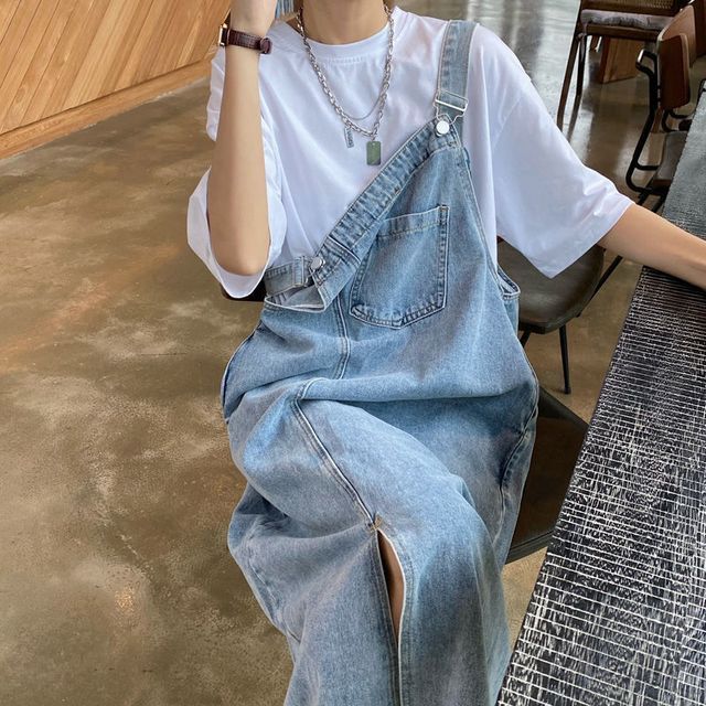 Janunu Washed Denim Midi Dungaree Dress YesStyle
