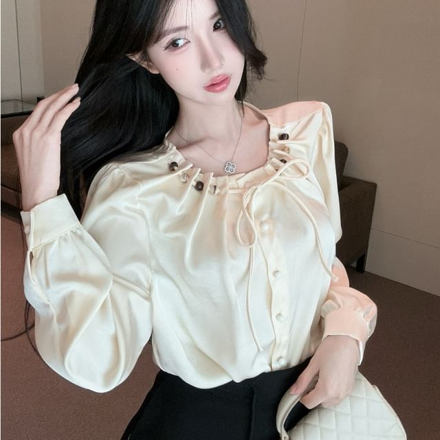 Whoosh-Long-Sleeve Round Neck Beaded Button-Up Plain Satin Blouse