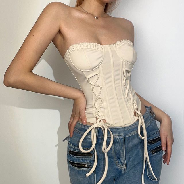 Sugarcoat-Strapless Plain Lace-Up Bustier Top