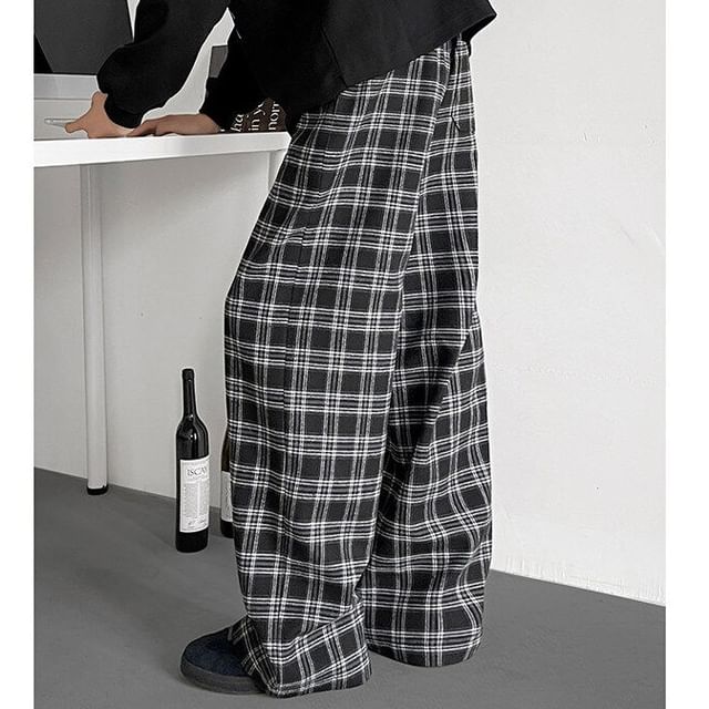 Fireon-High Waist Plaid Wide Leg Pants