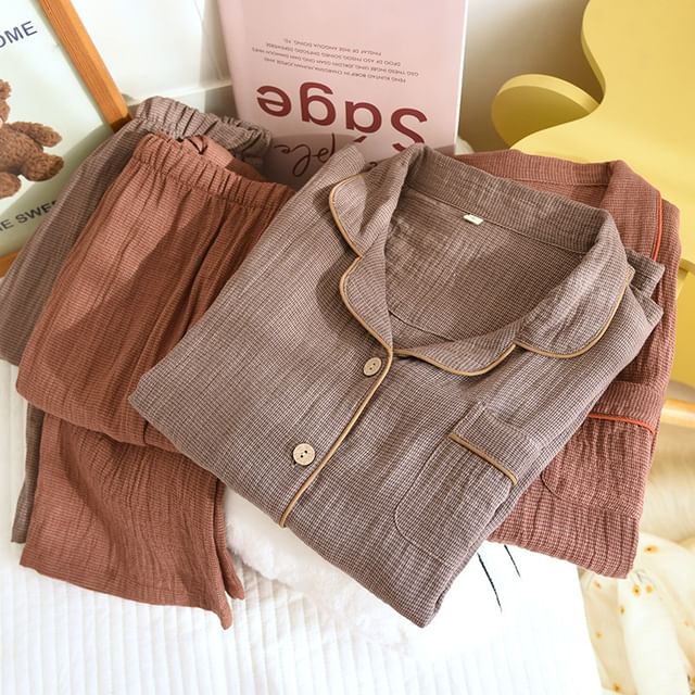 Somnus-Pajama Set Long-Sleeve Plain Top Pants