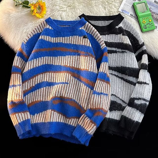 Sinlarity-Crew Neck Striped Sweater