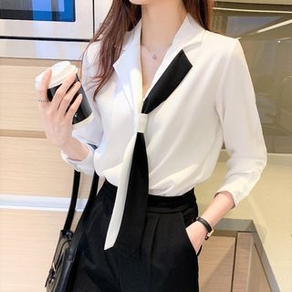 clarey Long Sleeve Tie Neck Two Tone Blouse