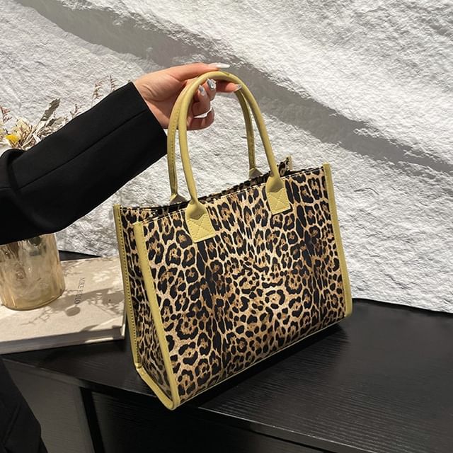 NewTown-Faux Leather Leopard Print Tote Bag