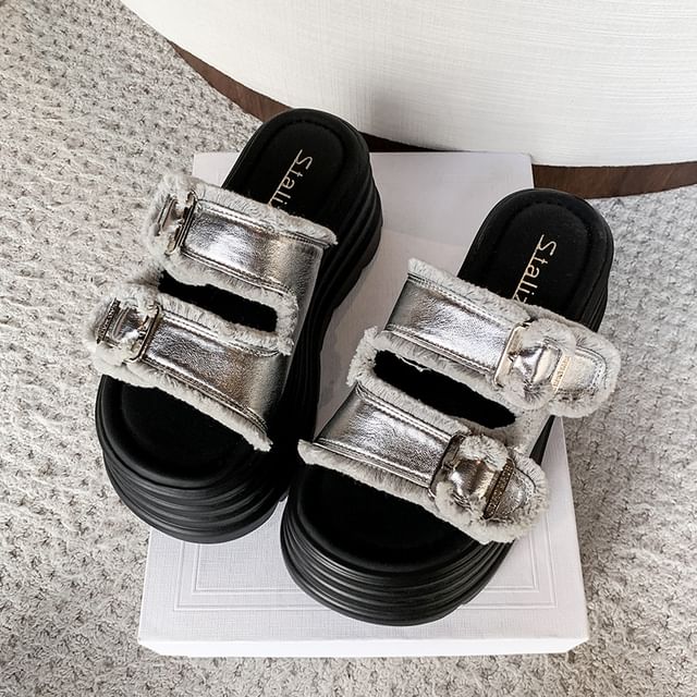 Nikao-Platform Fringe Buckled Slide Sandals