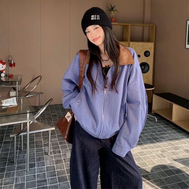 Beem-Long Sleeve Lapel Collar Checkered Zip Jacket
