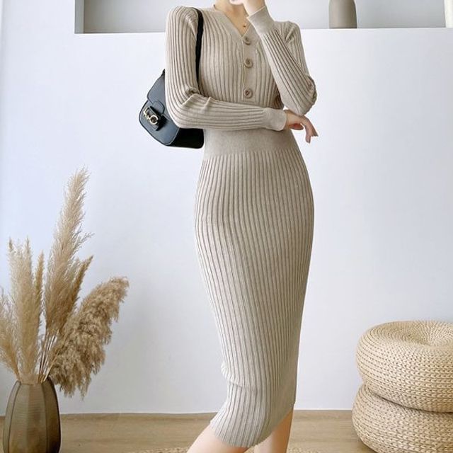 Aurora - Long-Sleeve V-Neck Plain Ribbed Midi Knit Dress | YesStyle Aurora - Long-Sleeve V-Neck Plain Ribbed Midi Knit Dress | YesStyle