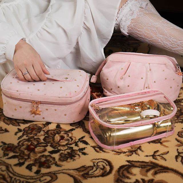 Buttermilk Star Print Velvet Travel Toiletry Bag Makeup Bag