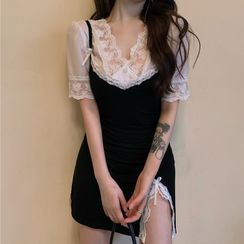 Windflower - Spaghetti Strap Slit Mini A-Line Dress / Short-Sleeve Lace Panel Blouse Windflower - Spaghetti Strap Slit Mini A-Line Dress / Short-Sleeve Lace Panel Blouse