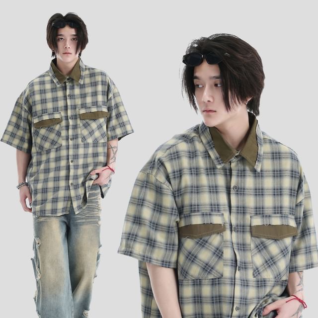 Banash-Elbow-Sleeve Plaid Panel Button Up Shirt