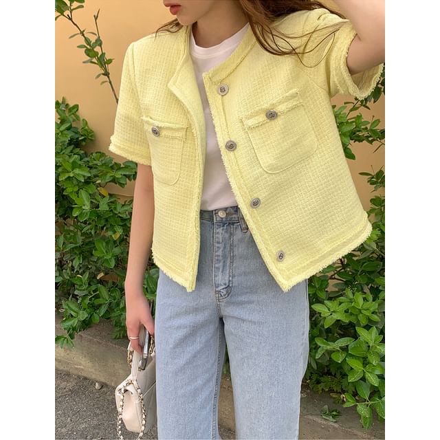 Tulstrix-Short Sleeve Round Neck Plain Fray Tweed Button Jacket