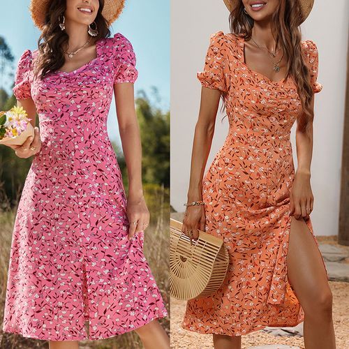 Miss Kani - Short Sleeve Square-Neck Floral Print Slit Midi Dress