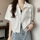 Sisyphi - Short-Sleeve Pocketed Zip-Up Plain Crop Shirt | YesStyle