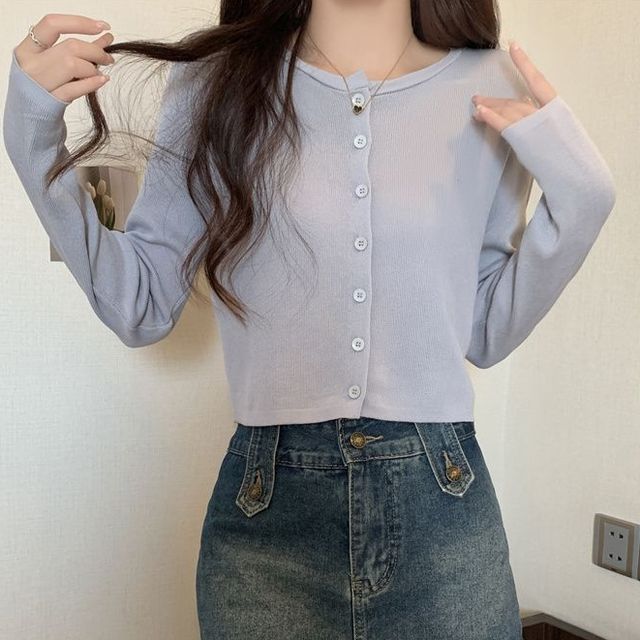 Faiar-Crewneck Plain Crop Cardigan