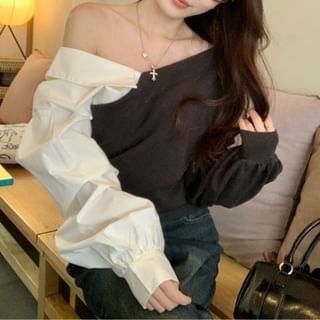 Beem-Long-Sleeve V-Neck Two Tone Blouse