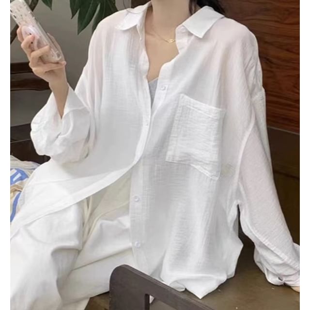 Isaaca-Long-Sleeve Button-Up Plain Sheer Shirt