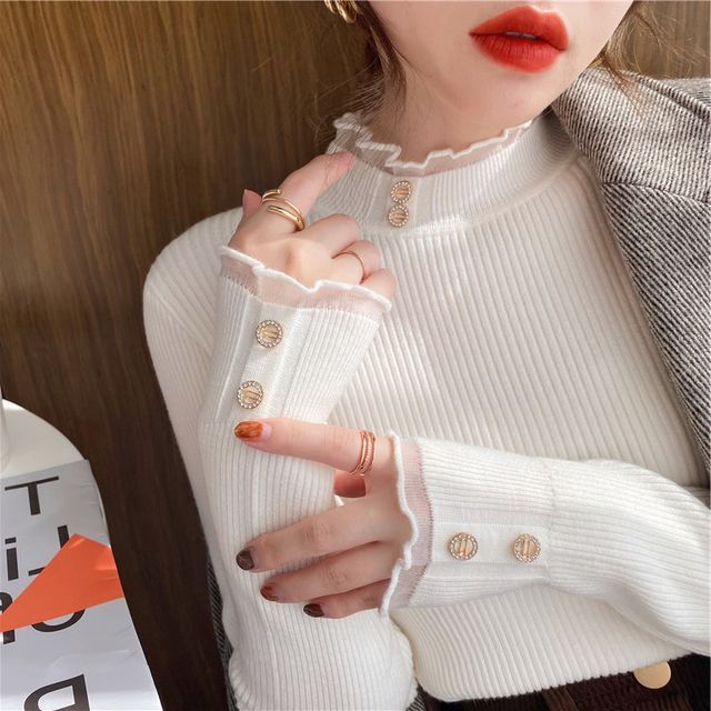 Inchioh-Lace Trim Mock-Neck Knit Top