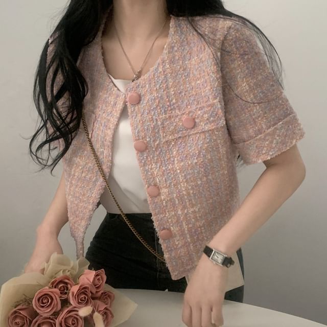 Coris-Short-Sleeve Crewneck Tweed Button-Up Blouse